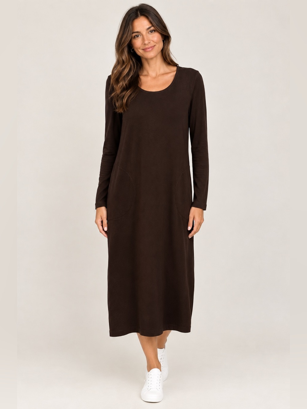 Bryn Walker Siro Rayon Long Sleeve Scoop Neck Lagenlook Dress Dark Brown Small